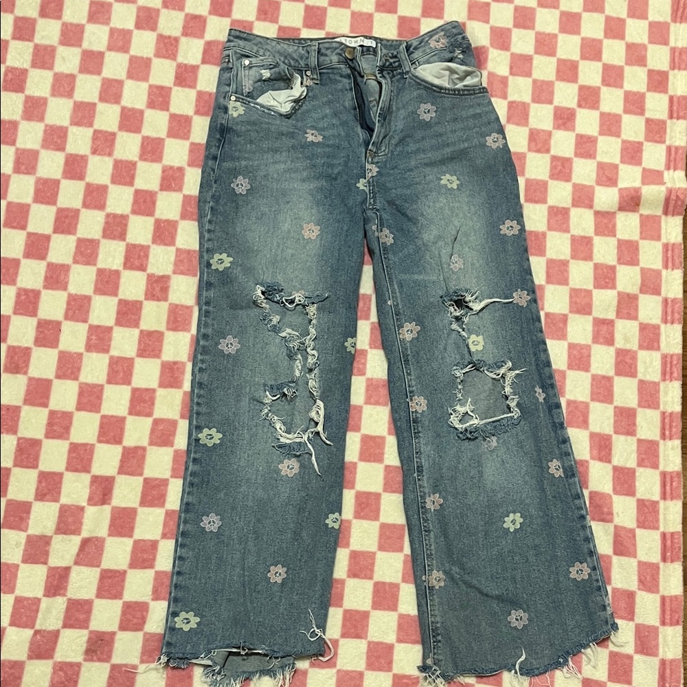 Tinseltown Floral Distressed Blue Wide Leg Jeans